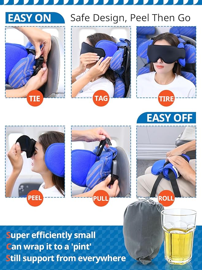 Travel Pillows for Airplanes, Airplane Pillow with 3D Eye Mask for Sleeping, 360° Support Headrest for Long Flight, Road Trip, Stop Bobblehead Travel Essential Airplane Sleep Head Strap, Blue