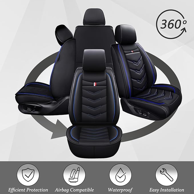 Car Seat Cover for Ford Explorer 2000-2025, Waterproof Durable Compatible Airbag, Premium Leather Seat Protector(5 Seats Luxury,Black Blue)