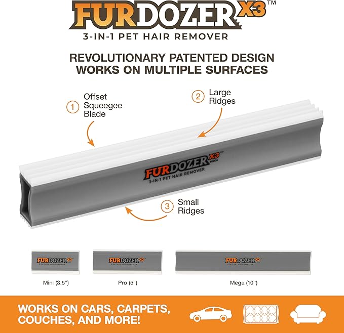 FurDozer Pet Hair Remover & Auto Detailing Tools - Cat & Dog Hair Remover for Carpets, Car Interiors, Couches, Bedding, & Pet Furniture (Gray, X3 MEGA - 10" Long)