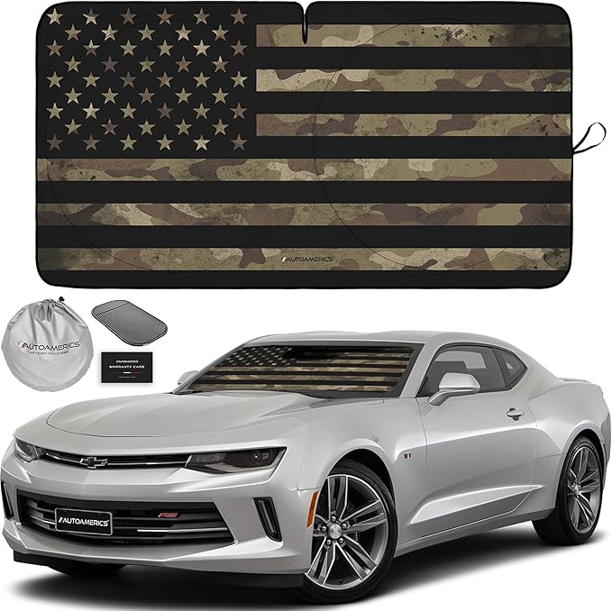 Autoamerics 1-Piece Windshield Sun Shade Dark Camo American Flag USA Design - Foldable Car Front Window Sunshade for Most Sedans SUV Truck - Blocks Max UV Rays and Keeps Your Vehicle Cool - Small