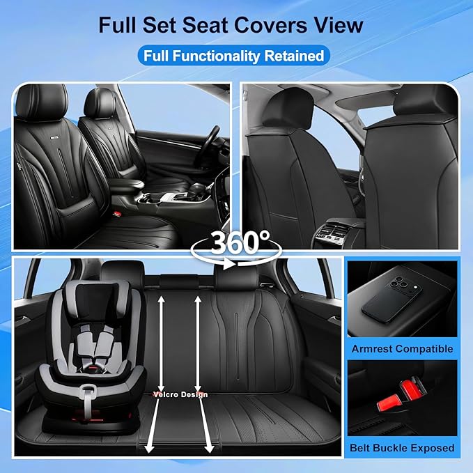 Fit Equinox Car Seat Covers for Select Chevrolet/Chevy Equinox 2007-2026 - Premium Full Coverage Leather, Airbag Compatible, Waterproof & All Weather Seat Cushion Protector, Full Set, Black