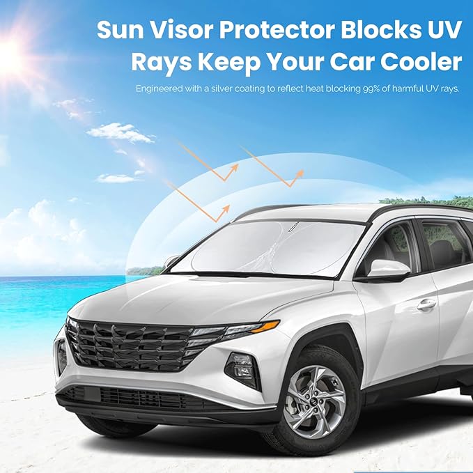 Custom Fit Tucson Windshield Sunshade for Hyundai Tucson 2022-2026 Front Window Retractable Shades Cover for Windshield Sun Visor Protector 210T Reflector Blocks UV Rays Cooler Car Accessories
