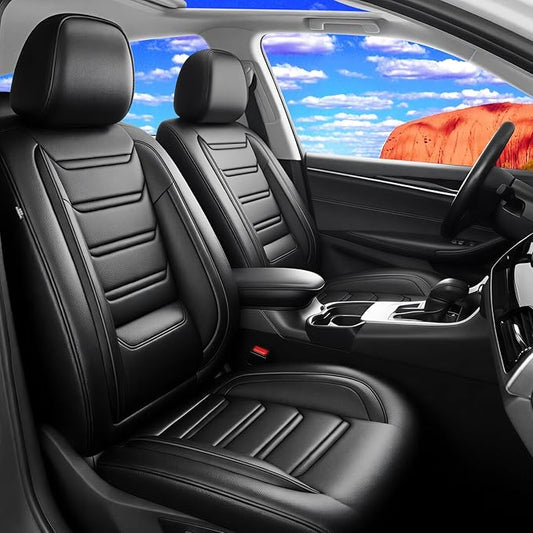 Car Seat Covers (Front Pair) for Select Honda Fit 2007-2020, Premium Full Coverage Leather, Airbag Compatible& Scratch-Resistant, Waterproof & All Weather Breathable Seat Protector, Black