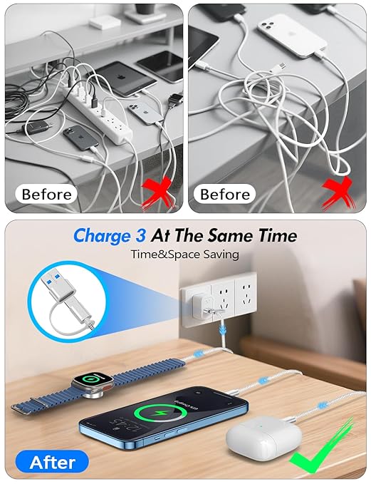 1Pack Multi Charging Cable Cord for Travel Essentials,Apple Watch Charger,iPhone Charger,[3-in-2] Type C/Lightning Cable Portable Designed for iWatch,iPhone 17-8,Galaxy S25-21,AirPods,iPad-1.5M White