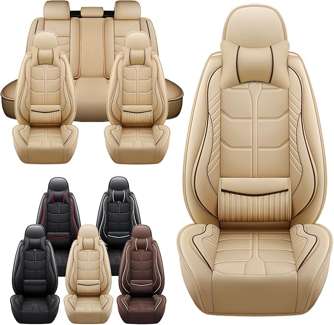 Leather Car Seat Covers Fit for Toyota Avalon Hybrid 2013-2024, 5 Seater Car Seat Cover, Premium Waterproof, Scratch Resistant Car Interior Accessories (Full Set with Pillow Beige)