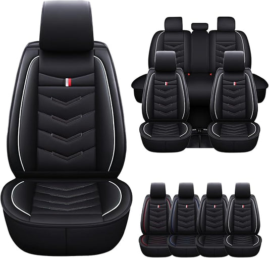 Car Seat Cover for Ford Explorer 2000-2025, Waterproof Durable Compatible Airbag, Premium Leather Seat Protector(5 Seats Standard,Black White)