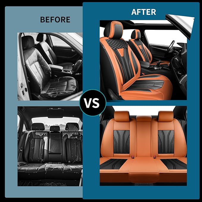 Fit Prius Car Seat Covers for Toyota Prius 2001-2025 2026 -Full Set Premium Leather, Waterproof, Breathable，All-Weather Seat Cushion Protecto & Airbag Compatible, 5-Seats Orange & Black