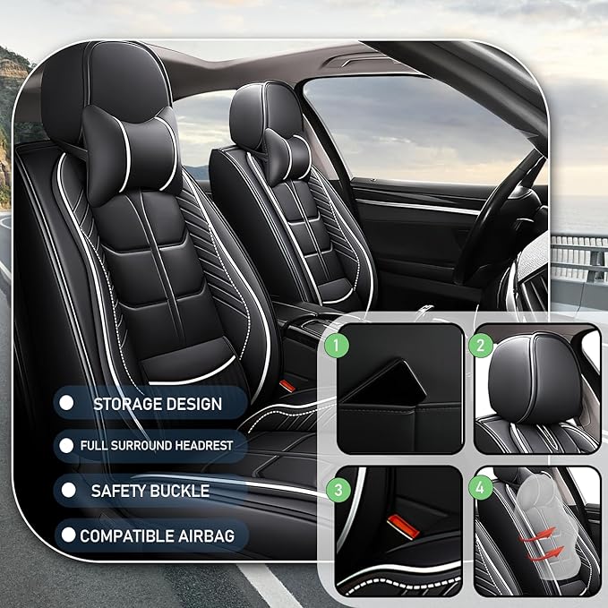 Leather Car Seat Covers Fit for Toyota Matrix 2003-2013, 5 Seater Car Seat Cover, Premium Waterproof, Scratch Resistant Car Interior Accessories (Full Set with Pillow Black White)
