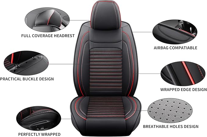 Front Seat Covers Fit for Toyota Tacoma 2001-2026, Truck Seat Covers Front Seats, Breathable Faux Leather Automotive Seat Covers Front Pair Anti-Slip Seat Cover(Black&Red, Front)