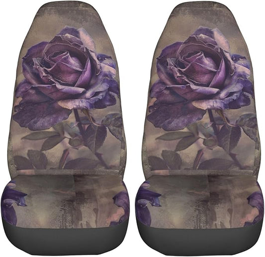 Delerain Car Seat Covers Set 2Pcs, Purple Rose Vintage Universal Front Car Seats Vehicle Enterior Protector Suitable Fits Most Car Auto SUV Sedan Truck