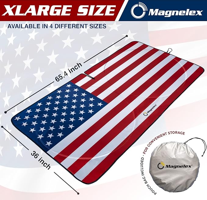 Magnelex American Flag Windshield Sun Shade, High-Resolution Sun Shield with Mirror Cut-Out for Automotive Interior Sun Protection Heat Reduction, Folding Car Sunshade with Storage Bag - X-Large