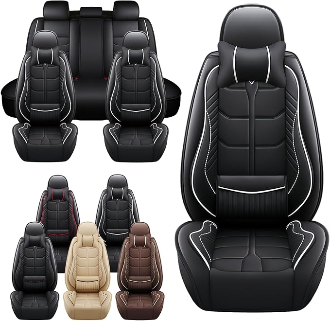 Leather Car Seat Covers Fit for Toyota C-HR CHR 2018-2024, 5 Seater Car Seat Cover, Premium Waterproof, Scratch Resistant Car Interior Accessories (Full Set with Pillow Black White)