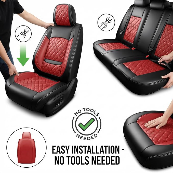 Santa Fe Seat Covers Custom Fit for Hyundai Santa Fe 2007-2026 (Only 5-Seat Version) - Full Set Premium Leather, Waterproof, All-Weather, Airbag Compatible, Car Seat Protectors (Red)