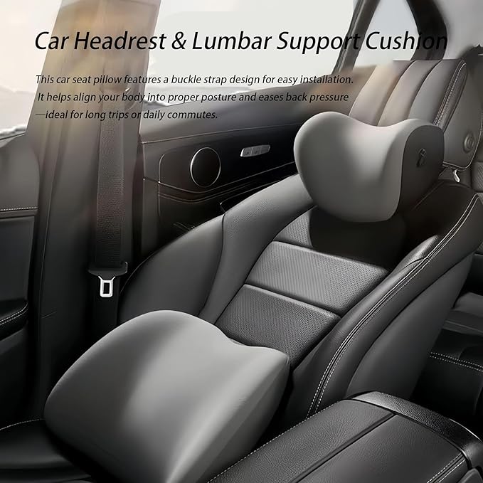 Car Lumbar Support Pillow and Car Neck Pillow Kit for Mitsubishi Eclipse 2000-2008 2009 2010 2011, Car Seat Neck Back Rest Pillows, Ergonomic Car Seat Headrest & Lumbar Cushion,B Grey