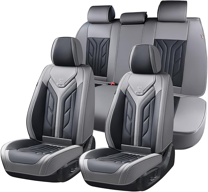 Coverado Car Seat Covers Full Set, Automotive Seat Covers Car Seat Protector Car Seat Cushion, Waterproof Leather Seat Covers for Cars, Universal Fit for Most Sedans SUV Pick-up Truck(Gray&Black)