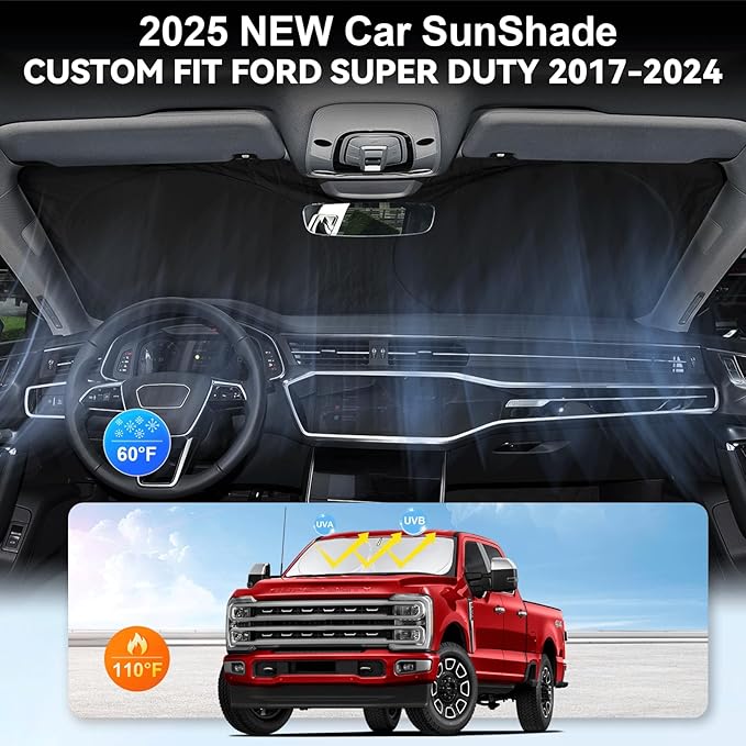 for Ford F250 F350 F450 F550 2017-2024 2025 Super Duty Crew Cab Windshield Sun Shade, Foldable Front Windows Sunshades Custom Fit F 250 Folding Sun Visor Shield Blocks UV Car Accessories