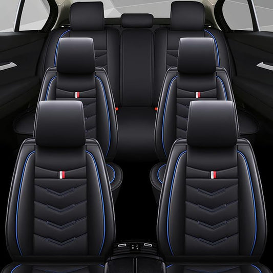 Car Seat Cover 7 Seats for Ford Explorer 2000-2025, Waterproof Durable Compatible Airbag, Premium Leather Seat Protector(7 Seats Standard,Black Blue)