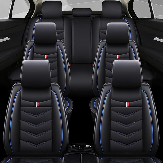 Car Seat Cover 6 Seats for Ford Explorer 2000-2026, Waterproof Durable Compatible Airbag, Premium Leather Seat Protector(6 Seats Standard,Black Blue)