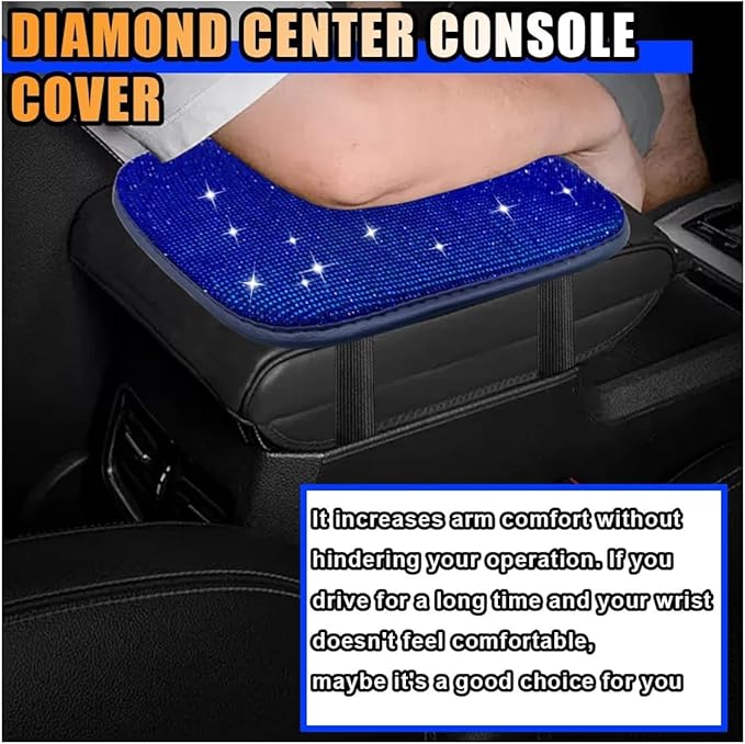 11.9''×8.4'' Bling Car Center Console Cover, Crystal Diamond Arm Rest Cover for Car, Soft Elbow Pillow Automotive Armrest Seat Box Covers, Arm Rest Protective Cushion Pad for Women Men (Blue)