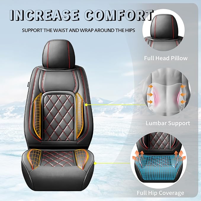 Fit HRV Car Seat Covers Compatible with Honda HRV 2016-2026, Premium Leather Breathable, Wear Resistant, Airbag Compatible, All-Weather Protection & Full Coverage, 2 Front Seat Red Line Black