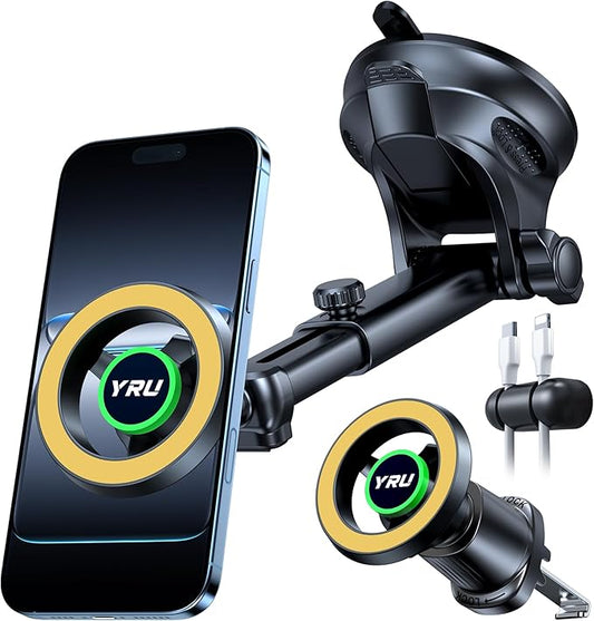 [2026 Military-Grade] YRU for Magsafe Car Mount 90+LBS Strong Suction 360° Adjustable Magnetic Phone Holder for Car Dashboard Windshield Vent, Cradle for iPhone 17 16 15 14 13 12 Samsung, Light Yellow