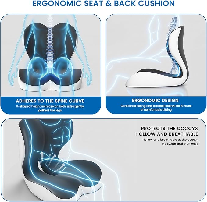 Seat Cushion, Memory Foam Car Seat Cushion with L-Shaped Ergonomic Design, Tailbone Pain & Sciatica Pain Relief Cushion for Office Chair, Car, Truck Drivers, Long Work Sessions and Wheelchair