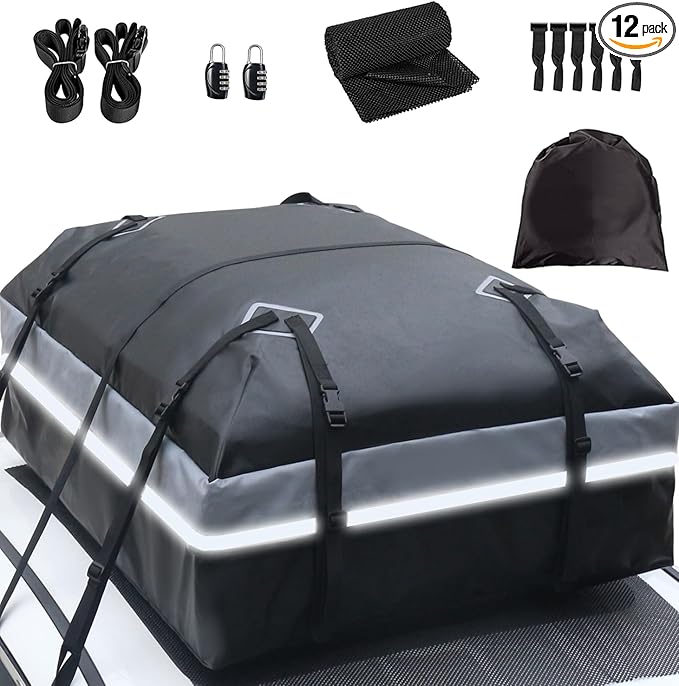 Car Rooftop Bag Cargo Carrier Bag 21 Cubic Feet Waterproof Heavy Duty for All Cars with/Without Rack Including Anti-Slip Mat 2 Luggage Locks 2 Extra Straps 6 Strong Nylon Straps Storage Bag