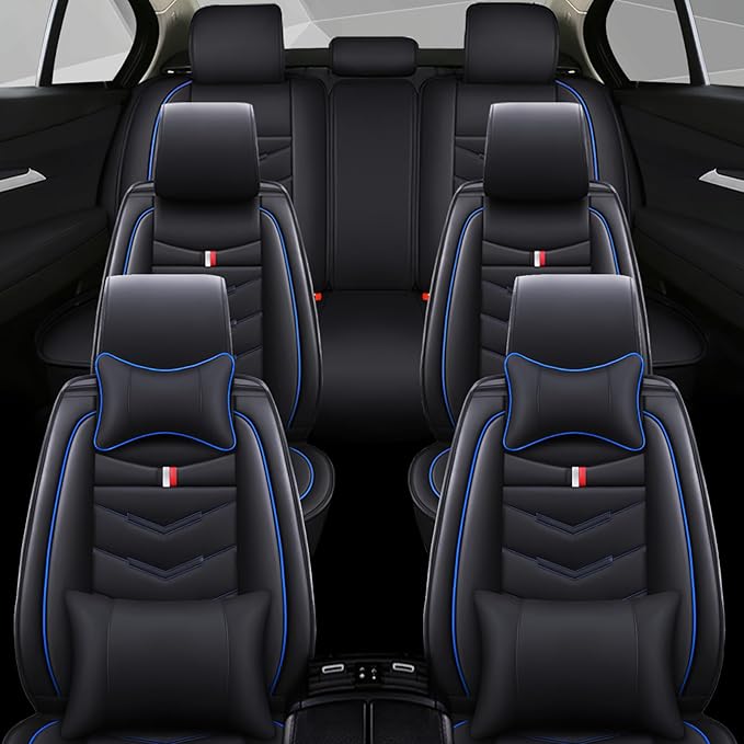 Car Seat Cover 7 Seats for Ford Explorer 2000-2025, Waterproof Durable Compatible Airbag, Premium Leather Seat Protector(7 Seats Luxury,Black Blue)