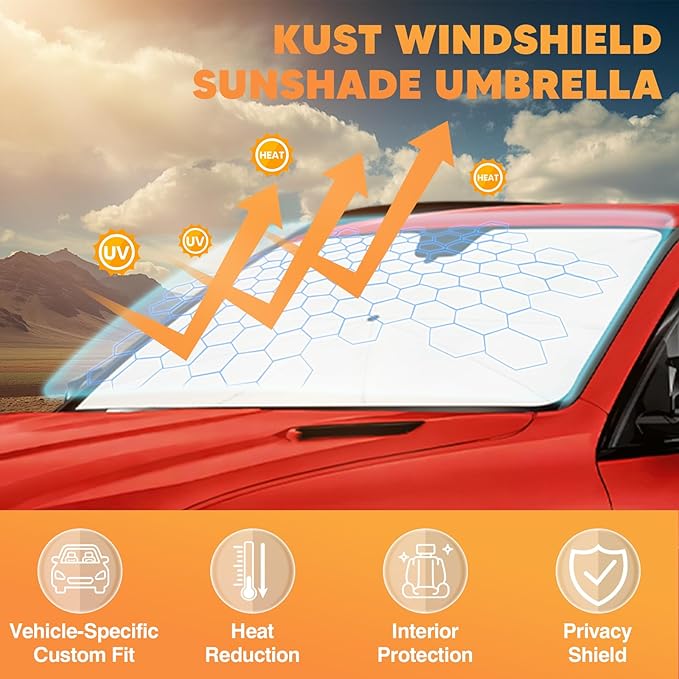 KUST Custom Fit Windshield Sun Shade Umbrella for 2015-2023 Ford Mustang | Foldable Sunshade with Bendable Handle | Blocks Heat & UV Scratch Resistant Keep Cool Sunshield