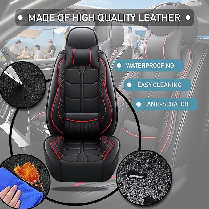 Leather Car Seat Covers Fit for Toyota Prius c 2012-2019, 5 Seater Car Seat Cover, Premium Waterproof, Scratch Resistant Car Interior Accessories (Full Set with Pillow Black Red)
