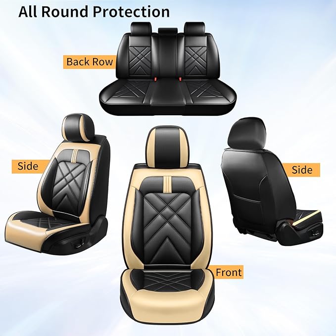 Car Seat Covers Fit for Mazda 3 2007-2026, Premium Leather, Full Coverage Leather Waterproof Breathable Seat Covers, Automotive Seat Protectors, Airbag Compatible(Full Set Seats, Black Beige)