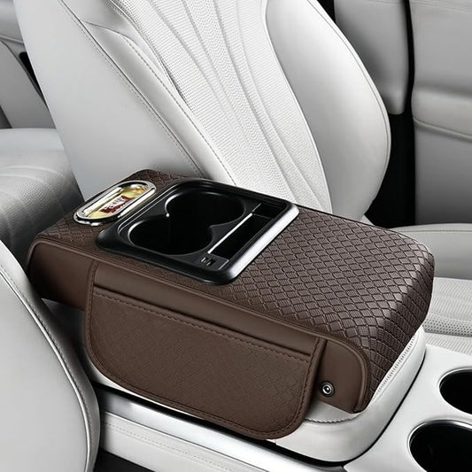 2026 Enhanced Car Center Console Armrest Cushion with USB& Type-C Charging, PU Leather Console Pad with Cup Holders, Storage& Tissue Outlet for Most Vehicles (Flat Version, Coffee)