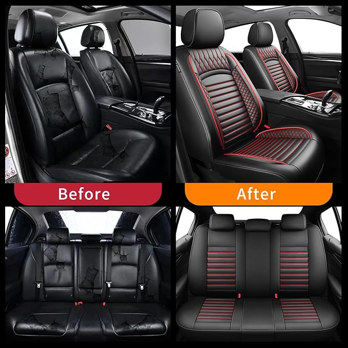 Fit CRV Car Seat Covers for Honda CR-V 2013-2024 2025 2026 - Upgraded Premium Waterproof & Breathable Leather, Airbag Compatible, All-Weather Seat Cushion Protector (Full Set, Black+Red)