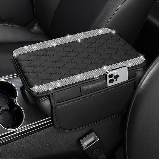 NBTEPEM Bling Car Center Console Cover, Leather Car Arm Rest Cover Cushion with 2 Storage Bags, Universal Auto Armrest Protector Storage Box, Bling Accessories Interior for Most Vehicles (Silver)