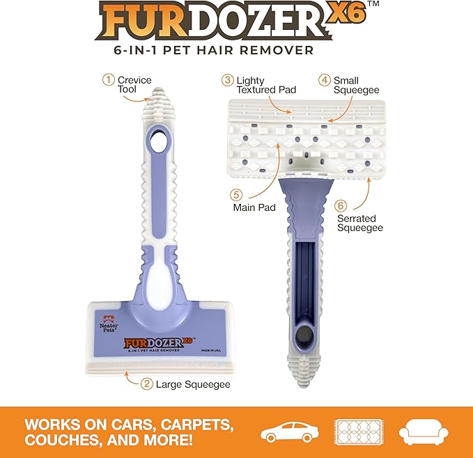FurDozer Pet Hair Remover & Auto Detailing Tools - Cat & Dog Hair Remover for Carpets, Car Interiors, Couches, Bedding, & Pet Furniture (Purple, X6)