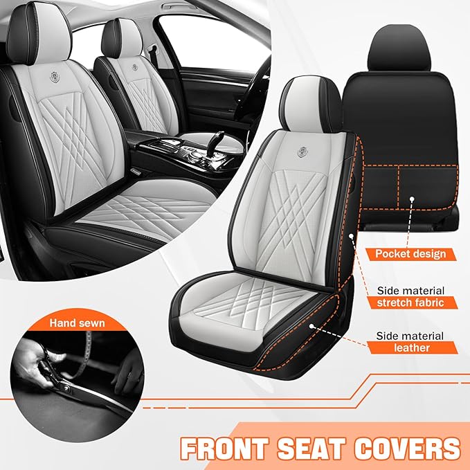 Car Seat Covers Compatible with Toyota Camry 2012-2026 Durable Waterproof Automotive Seat Covers Stretchable Fabric Material, Airbag Compatibility, Premium Nappa Leather(Black White, 2 Pcs Front)