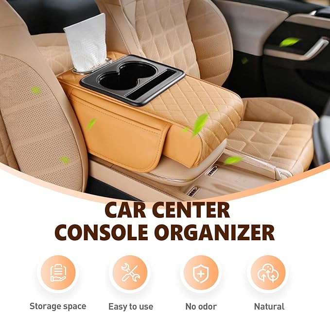 Multifunctional Car Armrest Cushion with Integrated Booster, 2026 Upgraded Universal Style Memory Cotton Car Armrest Box Pad, Car Center Console Armrest Pillow, with 2 Cup Holder (Beige)