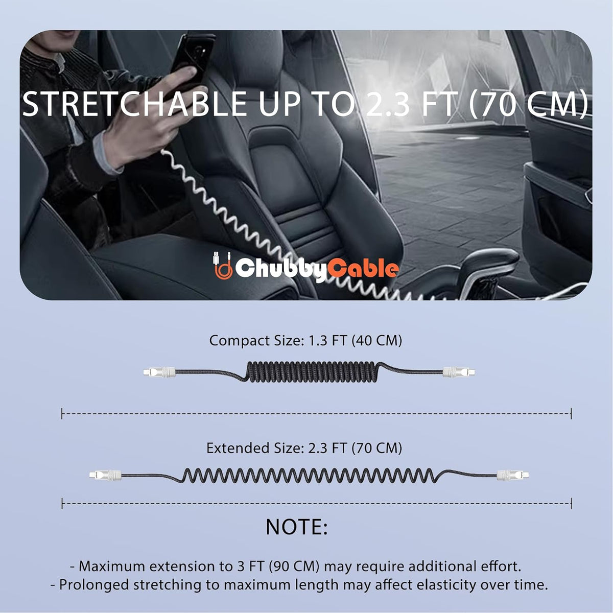 chubbycable Curly Chubby - Retractable Fast Charging Cable 240W Coiled Charger Cord for Car Durable USB-C Cable for Phones, Tablets and More, Gray, USB-A to Type-C, 1.3FT-2.3FT