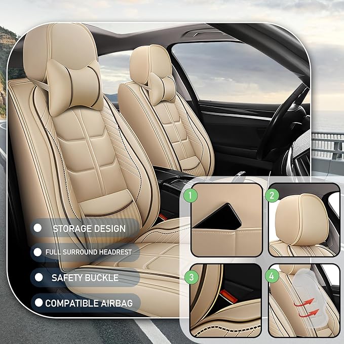 Leather Car Seat Covers Fit for Toyota Camry Solara 2004-2008, 5 Seater Car Seat Cover, Premium Waterproof, Scratch Resistant Car Interior Accessories (Full Set with Pillow Beige)