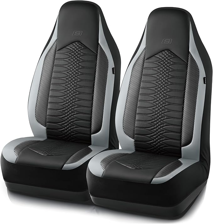 Skechers Memory Foam Car Seat Covers, Leather High Back Seat Covers Quilting Design,Waterproof Sports Car Seat Covers Front Seats,Airbag Compatible, Universal Fit for Most Cars, SUVs,Trucks,Gray