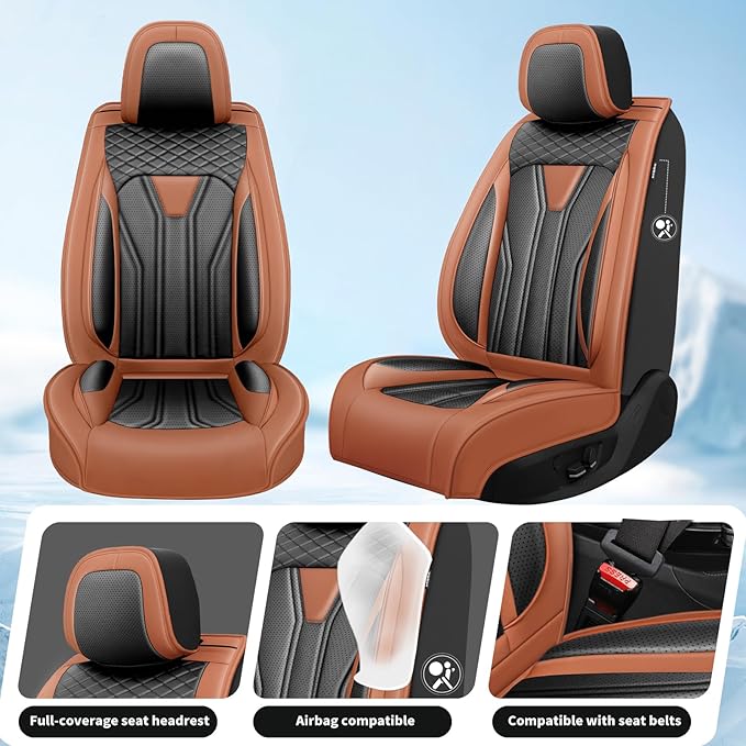 Fit Versa Car Seat Covers Compatible with Nissan Versa 2008-2025 2026 - Premium Leather， Waterproof Breathable， All-Weather Seat Cushion Protecto&Airbag Compatible (2 Front Seat Brown&Black)