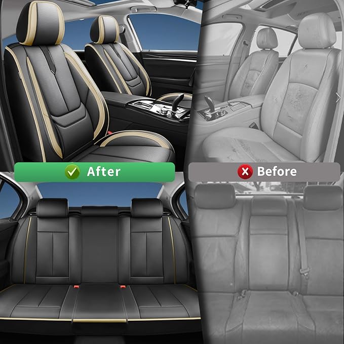 Fit Palisade Car Seat Covers for Hyundai Palisade 2000-2025 2026 -Upgraded Premium Waterproof & Breathable Leather,Airbag Compatible,All-Weather Seat Cushion Protector,2 Front/Black-Beige