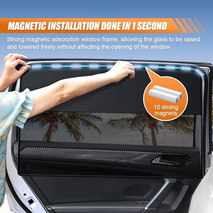 Car Rear Side Window Sunshade, Magnetic Automotive Windshield Privacy Curtain with Half Shade, Mesh Sun Protection Cover Blocks Heat, Glare, UV Rays for Driver Passenger (Rear)