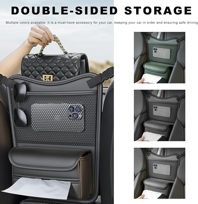 Car Purse Holder Between Seats, Nappa Leather Front Seat Storage Bag with Tissue Holder, Large Capacity Automotive Console Organizer for Document Phone Wallet, Car Accessories (Black)