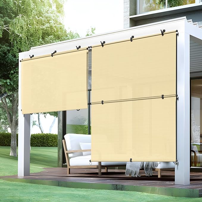 Bynbbur 8'W x 8'H Outdoor Patio Shades Foldable Roller Blinds, 220 GSM Sun Shade Roll Up Porch Screens Exterior Shade Cloth for Deck Pergola Backyard, Beige