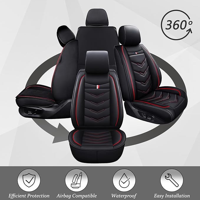 Car Seat Cover for Ford Explorer 2000-2025, Waterproof Durable Compatible Airbag, Premium Leather Seat Protector(5 Seats Luxury,Black Red)