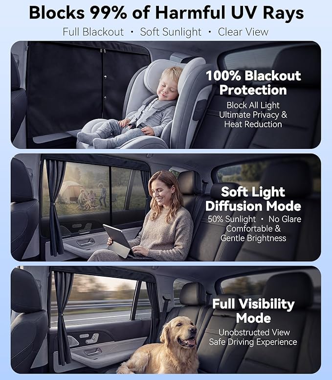 [2026 Upgraded] Car Window Shades for Baby [Ice Crystal Cooling Layer] (2 Pack) 99% UV-Blocker Protection Side Window Curtains Roll Windows Down Privacy Full Covers/Half Shade Options