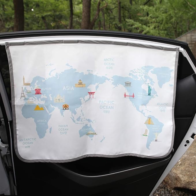 Magnetic Car Sun Shade Curtain for Side Window – Sun Blocker and UV Protector for Baby, Kids, and Pets – Universal Fit with Built-in Magnets for Steel-Framed Door (Be-Travel Map)
