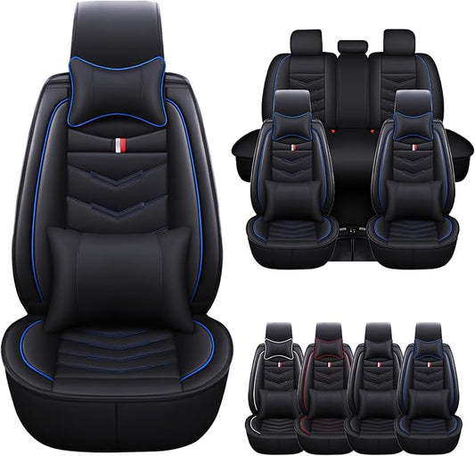 Car Seat Cover for Ford Explorer 2000-2025, Waterproof Durable Compatible Airbag, Premium Leather Seat Protector(5 Seats Luxury,Black Blue)