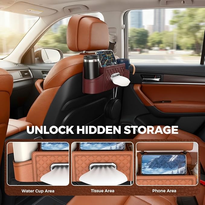 3-in-1 Car Backseat Organizer with Cup Holder Tissue Box and Hooks, Multifunctional Car Seat Back Storage Box, Car Headrest Backseat Organizer for Travel SUV Sedan Truck Car Accessories (Orange)